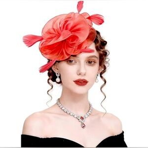 NEW Red Floral Fascinator Hat Tea Party or Kentucky Derby Women’s Headpiece